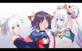 Rule 34 | > <, 3girls, @ @, animal ears, artist name, bare shoulders, black choker, black hair, black kimono, blue eyes, blue hair, blue hoodie, chinese commentary, cho kaguya-hime!, choker, collarbone piercing, commentary request, dual persona, finger to another's cheek, flying sweatdrops, fox ears, green eyes, grin, hair ornament, hair rings, hair stick, halterneck, hand on another's shoulder, highres, hood, hoodie, japanese clothes, kimono, lada tactscarle, long hair, long sleeves, looking at another, multicolored hair, multiple girls, pink hair, prototype design, pulling, runami yachiyo, sakayori iroha, short hair, smile, streaked hair, sweatdrop, upper body, white kimono, wide sleeves, yuri