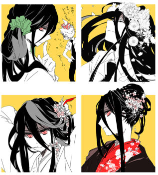 Rule 34 | 2boys, adjusting hair, alternate costume, alternate hairstyle, black hair, closed eyes, closed mouth, commentary request, danganronpa (series), danganronpa 2: goodbye despair, flower, green scrunchie, hair between eyes, hair bun, hair flower, hair ornament, hair scrunchie, hair stick, hinata hajime, index finger raised, japanese clothes, kamukura izuru, kimono, kouen, long hair, looking at viewer, male focus, mouth hold, multiple boys, multiple views, necktie, red eyes, red kimono, scrunchie, smile, spot color, translation request