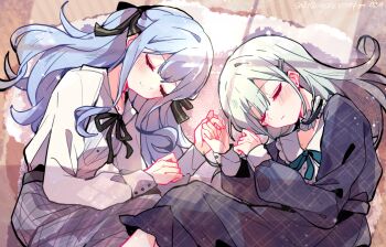 Rule 34 | 2girls, bang dream!, bang dream! it's mygo!!!!!, black choker, black ribbon, blue dress, blue hair, chinese commentary, choker, commentary request, dress, frilled choker, frills, green hair, grey skirt, hair ornament, hair ribbon, hairclip, kyou 039, light particles, long hair, long sleeves, lying, multiple girls, neck ribbon, plaid clothes, plaid dress, ribbon, shirt, sidelocks, skirt, sleeping, togawa sakiko, wakaba mutsumi, white shirt