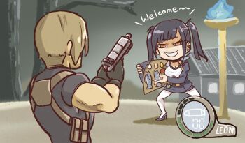 1boy 1girl black_hair black_jacket black_shirt black_skirt blonde_hair blue_fire blunt_bangs breasts chest_harness cleavage commentary_request egg fake_screenshot fire fish from_behind full_body gloves goddess_of_victory:_nikke grin gun harness health_bar high_heels highres holding holding_gun holding_weapon holster house jacket lamppost large_breasts leon_s._kennedy long_sleeves looking_at_another medium_hair merchant_(resident_evil) miniskirt mixed-language_commentary narrowed_eyes navel neckerchief night open_clothes open_jacket outdoors pantyhose pouch red_eyes resident_evil resident_evil_4 shirt skirt skirt_set sky smile sora_(nikke) stupidleon2 suit_jacket tree two_side_up upper_body user_interface v-neck weapon white_pantyhose white_shirt