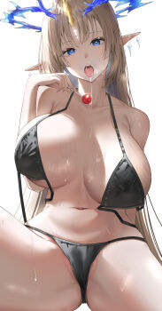 1girl absurdres alternate_costume armpit_crease bare_shoulders bikini black_bikini blonde_hair blue_eyes blue_hair blush breasts cameltoe collarbone colored_inner_hair crown_of_thorns earrings fleurdelys_(wuthering_waves) food heart heart-shaped_pupils highres holding holding_food holding_popsicle horns huge_breasts jewelry long_pointy_ears looking_at_viewer multicolored_hair navel nokyang open_clothes open_mouth pointy_ears popsicle saliva single_horn solo stomach sweat swimsuit symbol-shaped_pupils tacet_mark_(wuthering_waves) tongue tongue_out untied_bikini wuthering_waves yellow_horns