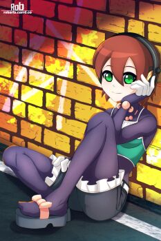 1girl absurdres aile_(mega_man_zx) black_bodysuit black_sandals black_shorts blush bodysuit breasts brown_hair camisole casual closed_mouth commentary full_body green_camisole green_eyes hair_between_eyes headphones highres looking_at_viewer mega_man_(series) mega_man_zx official_alternate_costume rob_(robarts) sandals shadow short_hair shorts sidelocks sitting small_breasts smile solo