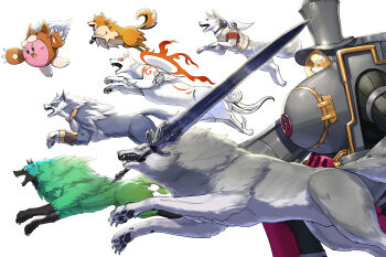 absurdres amaterasu_(ookami) animal animal_kirby brown_fur character_request commission copyright_request dark_souls_(series) dark_souls_i dog ghost_trick great_grey_wolf_sif green_fur grey_fur guilty_gear guilty_gear_strive highres kirby kirby_(series) koromaru_(persona) mecha missile_(ghost_trick) mytea_(soso) nintendo no_humans ookami_(game) persona persona_3 rei_(guilty_gear) robot simple_background skeb_commission sword sword_in_mouth weapon white_background white_fur wolf