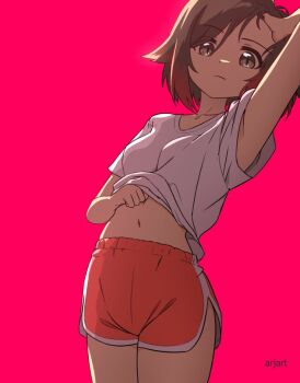 1girl ar_jart arm_up armpit_peek armpits artist_name bike_shorts breasts closed_mouth clothes_lift commentary cowboy_shot dolphin_shorts gradient_hair grey_eyes hand_in_own_hair leaning leaning_to_the_side lifting_own_clothes looking_at_viewer midriff midriff_peek multicolored_hair navel pink_background ruby_rose rwby shirt shirt_lift short_hair shorts small_breasts solo symbol-only_commentary thighs up_sleeve white_shirt
