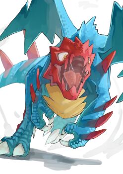 1other blue_skin claws colored_skin commentary_request dragon dragon_tail dragon_wings druddigon fangs gen_5_pokemon highres nintendo no_humans open_mouth orange_eyes pokemon pokemon_(creature) pokemon_focus sake_maguro saliva scales simple_background solo spikes tail tongue white_background wings