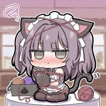 1girl alternate_costume animal_ears animal_hands azur_lane black_thighhighs blush cat_ears cat_tail chibi chibi_only commentary_request enmaided fake_animal_ears fake_tail grey_eyes hair_ribbon maid maid_headdress nejikirio official_alternate_costume official_art pout purple_hair ribbon solo tail thighhighs two_side_up vittorio_cuniberti_(azur_lane) vittorio_cuniberti_(on_the_habits_of_cats)_(azur_lane) white_ribbon yarn yarn_ball