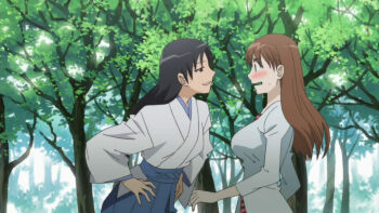 2girls :d :o black_eyes black_hair blue_hakama blush breasts brown_hair embarrassed eye_contact female_focus forest hakama hakama_short_skirt hakama_skirt half-closed_eyes hands_on_hips japanese_clothes kamisama_dolls large_breasts long_hair looking_at_another multiple_girls nature naughty_face open_mouth outdoors plant seductive_smile shiba_hibino shy skirt smile somaki_moyako standing tree yuri