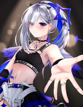 1girl absurdres amane_kanata amane_kanata_(lock_on) bare_shoulders belt black_choker black_jacket black_sports_bra blue_hair blue_halo blue_wings blush breasts choker closed_mouth collarbone commentary_request crossed_bangs earrings gradient_hair gradient_wings grey_hair hair_between_eyes halo heart highres hololive jacket jewelry long_hair long_sleeves looking_at_viewer midriff mini_wings multicolored_hair multicolored_wings navel necklace o-ring o-ring_choker official_alternate_costume parted_bangs purple_eyes reaching reaching_towards_viewer ring short_shorts shorts single_hair_intake small_breasts smile solo sports_bra st-147 star_(symbol) star_earrings star_halo stomach tilted_halo virtual_youtuber white_belt white_hair white_shorts wings