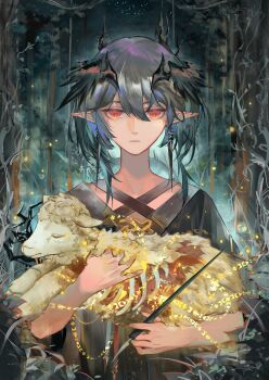 1boy absurdres aged_down animal arknights baby_animal black_robe chinese_commentary collarbone commentary dead_animal earrings enmokuritsu-d exposed_bone expressionless forest grass grey_hair guro hair_between_eyes head_wings highres holding holding_animal holding_pen horns jewelry lamb logos_(arknights) logos_(young)_(arknights) looking_at_viewer magic male_focus mole mole_under_eye nature night night_sky pen pointy_ears red_eyes ribs robe runes sheep short_hair sky solo star_(sky) straight-on upper_body wings