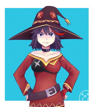1girl belt blue_eyes breasts brown_belt brown_hat choker collarbone commentary cosplay dress english_commentary erica_mendez gloves grin hands_on_own_hips hat highres izykey7 kill_la_kill kono_subarashii_sekai_ni_shukufuku_wo! long_sleeves matoi_ryuuko megumin megumin_(cosplay) multicolored_hair off-shoulder_dress off_shoulder red_robe robe smile solo voice_actor_connection