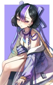 1girl absurdres black_hair blush earrings goddess_of_victory:_nikke hair_ribbon hashtag-only_commentary highres jacket jewelry jindogod mole mole_under_eye multicolored_hair necktie open_mouth purple_background purple_eyes purple_hair purple_jacket purple_necktie purple_ribbon purple_rope ribbon rope shirt short_hair short_necktie sitting skirt sleeveless sleeveless_shirt streaked_hair syuen_(nikke) triangle_earrings two-sided_fabric two-sided_jacket two-tone_background white_background white_hair white_jacket white_shirt white_skirt