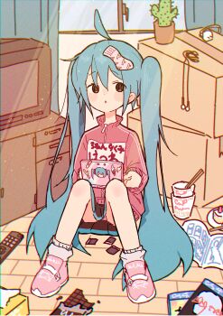 1girl absurdres ahoge black_eyes blue_hair blush_stickers book box cactus candy cardboard_box chocolate chocolate_bar chopsticks commentary_request controller crt instant_cup_noodles curtains earbuds earphones food full_body handheld_game_console hatsune_miku highres indoors instant_noodles jacket knees_up long_hair long_sleeves looking_to_the_side on_floor open_book panties pantyshot parted_lips pleated_skirt remote_control shoes sitting skirt sneakers socks solo sunlight television tissue_box track_jacket translation_request twintails underwear unworn_socks upskirt very_long_hair vocaloid window wooden_floor yuge_99