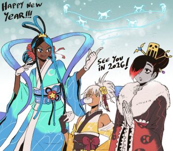 2026 3girls bags_under_eyes bare_shoulders black_gloves black_hair black_kimono black_lips blue_eyes blue_eyeshadow blue_hair blue_kimono blue_shawl breath chinese_zodiac colored_eyelashes colored_skin colored_tips comb commentary crescent_print crown cryokinesis dark-skinned_female dark_skin detached_sleeves double_bun dumpling english_commentary eyeshadow floating_hair flower food food_in_mouth frilled_sleeves frills fur-trimmed_collar fur-trimmed_kimono fur_trim genderswap genderswap_(mtf) ghost_print gloves greek_mythology grey_skin hades_(wanderjegson) hagoromo hair_bun hair_flower hair_ornament hair_over_one_eye hair_stick hands_up happy_new_year holding holding_food horse index_finger_raised japanese_clothes kimono lightning_bolt_print lipstick long_sidelocks long_sleeves looking_up makeup mini_crown multicolored_hair multiple_girls new_year obi original own_hands_together poseidon_(wanderjegson) praying print_kimono red_hair red_kimono sash shawl siblings sidelocks single_hair_bun sisters smile snow snowing split-color_hair steamed_bun tall_female tongue tongue_out two-tone_hair two-tone_kimono upper_body very_dark_skin very_long_sidelocks wanderjegson wave_print white_gloves white_hair wide_sleeves winter year_of_the_horse yellow_eyes yellow_kimono zeus_(wanderjegson)