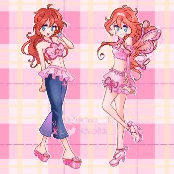 1girl ahoge alternate_element animal_print ankle_bow ankle_ribbon aqua_eyes arm_behind_back bad_id bad_twitter_id bare_arms bare_shoulders bloom_(winx_club) blue_pants bow bracelet bubble_skirt butterfly_print center_opening chocofish clenched_hand collarbone commentary cross-laced_shoes denim detached_sleeves english_commentary eyelashes eyeshadow facial_tattoo fairy fairy_wings floral_print flower flower_tattoo footwear_flower frilled_shirt frilled_skirt frills hair_between_eyes halter_shirt halterneck hand_in_own_hair hand_on_own_arm high_heels highres instagram_username jeans jewelry juliet_sleeves light_blush lipstick long_hair long_sleeves magical_girl makeup messy_hair midriff miniskirt multiple_bracelets navel neck_ribbon open_mouth orange_hair outline pants pink_background pink_eyeshadow pink_flower pink_lips pink_ribbon pink_rose pink_sandals pink_shirt pink_shoes pink_skirt pink_sleeves pink_wings plaid_background platform_sandals puffy_sleeves reference_sheet ribbon ribbon-trimmed_pants ribbon-trimmed_shirt ribbon-trimmed_skirt ribbon_trim rose sandals shirt shoes skirt skirt_set smile sparkle tareme tattoo tiara toes twitter_username variations watermark white_outline wings winx_club