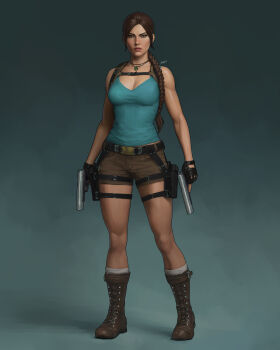 absurdres aqua_tank_top blue_tank_top boots braid braided_ponytail brown_eyes brown_hair brown_shorts clip_studio_paint_(medium) commentary dalejomej english_commentary fingerless_gloves gloves gun handgun highres holding holding_gun holding_weapon holster jewelry lara_croft necklace painterly shorts tank_top thigh_holster tomb_raider weapon