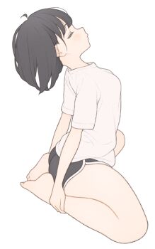 1girl 1ssakawaguchi absurdres barefoot blush bob_cut brown_hair closed_mouth dolphin_shorts from_side highres ichika_(1ssakawaguchi) original petite shirt short_hair short_shorts short_sleeves shorts simple_background solo t-shirt thighs white_background white_shirt yoga