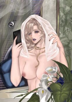 2girls bathtub blonde_hair blue_eyes chain chief_(path_to_nowhere) chlzi156543 female_chief_(path_to_nowhere) flower hands_up highres holding holding_phone indoors looking_at_phone mole mole_above_mouth multiple_girls path_to_nowhere phone solo_focus topless_female towel towel_on_head vautour_bleu_(path_to_nowhere) yuri