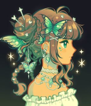 Rule 34 | 1girl, bare shoulders, black background, blunt bangs, braid, brown hair, bug, butterfly, butterfly hair ornament, choker, closed mouth, commentary, double bun, dress, earrings, emily kim, english commentary, frills, from side, gem, green butterfly, green gem, hair bun, hair ornament, hair stick, halftone, insect, jewelry, lace, lace choker, long hair, necklace, off-shoulder dress, off shoulder, original, portrait, profile, sidelocks, smile, solo, sparkle, star (symbol), sticker, sticker on face, twin braids, white dress