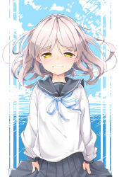 Rule 34 | 1girl, blue background, blue ribbon, blush, clothes grab, commentary request, cowboy shot, crying, crying with eyes open, dot nose, floating hair, furrowed brow, grey hair, grey sailor collar, grey skirt, kuresuku (lessons), long hair, long sleeves, looking at viewer, neck ribbon, nose blush, open mouth, original, outside border, pillarboxed, pleated skirt, raised eyebrows, ribbon, sailor collar, school uniform, serafuku, skirt, solo, tears, teeth, thick eyelashes, white background, white skirt, yellow eyes
