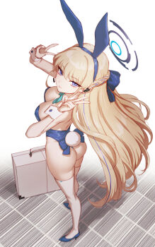 Rule 34 | 1girl, absurdres, animal ears, ass, blonde hair, blue archive, blue hair, blue leotard, breasts, commentary request, double v, fake animal ears, fujii eishun, high heels, highres, leotard, looking at viewer, playboy bunny, solo, thighhighs, toki (blue archive), toki (bunny) (blue archive), v, white thighhighs
