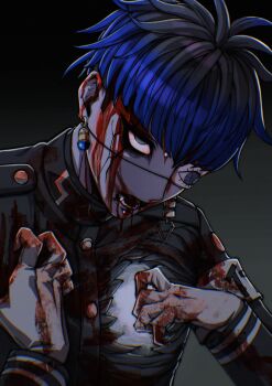 1boy absurdres armband black_background black_hair black_jacket blood bloodshot_eyes blue_hair chamuchai commentary_request earrings empty_eyes eye_print eyepatch face_piercing gakuran gloves gradient_background grey_background highres hole_in_chest hole_on_body jacket jewelry last_defense_academy_school_uniform looking_at_viewer male_focus multicolored_hair omokage_yugamu piercing print_eyepatch school_uniform short_hair solo the_hundred_line_-last_defense_academy- white_armband white_gloves zombie