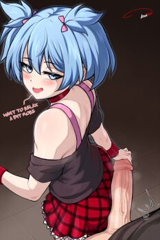 2boys :d absurdres aldharoku ansatsu_kyoushitsu artist_name bare_shoulders black_shirt blue_eyes blue_hair blush bow english_text hair_bow highres looking_back male_focus miniskirt multiple_boys official_alternate_costume open_mouth penis pink_bow red_skirt shiota_nagisa shirt short_hair skirt smile trap twintails veins veiny_penis yaoi