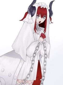1girl black_horns blood blood_from_mouth blood_on_clothes blue_eyes chain cowboy_shot cuffs curled_horns dragon_girl dragon_horns dress elizabeth_bathory_(avenger)_(fate) elizabeth_bathory_(fate) fangs fate/grand_order fate_(series) finger_cots fishnet_pantyhose fishnets hair_through_headwear hands_up highres horns horns_through_headwear ibispaint_(medium) interlocked_fingers iron_maiden koneko_185 long_eyelashes long_sleeves looking_at_viewer open_mouth own_hands_clasped own_hands_together pantyhose puffy_long_sleeves puffy_sleeves red_hair shackles short_dress sidelocks simple_background solo standing thighhighs two_side_up veil white_background white_dress white_headdress white_pantyhose white_veil zettai_ryouiki