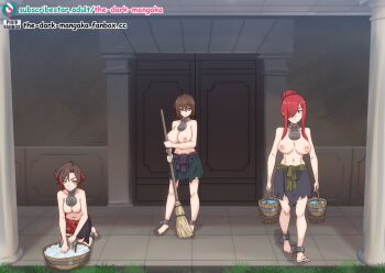 3girls barefoot breasts broom brown_eyes brown_hair bucket collar crossover cuffs erza_scarlet fairy_tail female_focus full_body green_eyes grey_eyes hair_bun kneeling large_breasts mikado_ryouko multiple_girls nipples red_hair ruby_rose rwby shackles short_hair slave slave_clothes standing the_dark_mangaka to_love-ru walking washing
