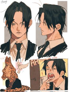 animal animalization bird black_hair black_jacket black_necktie blue_eyes closed_mouth collared_shirt commentary devil_fruit_power dove hattori_(one_piece) highres jacket leopard lips male_focus mnnd multiple_views necktie one_piece open_mouth parted_hair parted_lips rob_lucci sharp_teeth shirt suit_jacket teeth white_shirt wing_collar