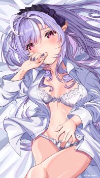 Rule 34 | 1girl, absurdres, artist name, blush, bow, bra, collared shirt, commentary request, covering own mouth, cowboy shot, dress shirt, hair bow, highres, long hair, long sleeves, looking at viewer, lying, mole, mole under eye, no pants, on back, open clothes, open shirt, panties, pink eyes, pointy ears, purple bow, purple hair, purple nails, shirt, solo, togo uzuki, underwear, vivian banshee, white bra, white panties, white shirt, zenless zone zero