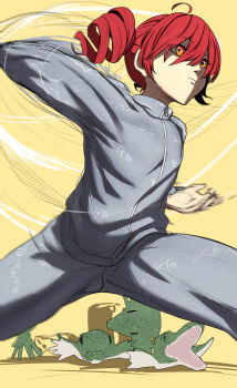 1girl absurdres acchi_mo_kocchi_mo_(synthesizer_v) ahoge alternate_costume closed_mouth crocodile crocodilian desert double-parted_bangs drill_hair flat_chest grey_jacket grey_pants hair_between_eyes highres jacket kasane_teto martial_arts motion_lines orange_hair pants red_hair sawtatsu serious sky solo speed_lines twin_drills utau yellow_sky zipper