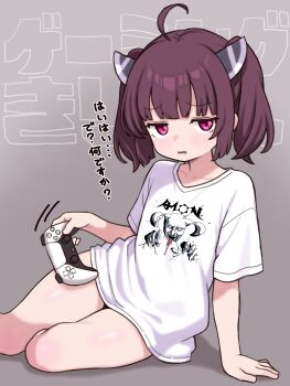 1girl ahoge arm_support brown_hair collarbone commentary_request controller feet_out_of_frame game_controller grey_background headgear highres holding holding_controller holding_game_controller jitome looking_at_viewer nattocurryumeee no_pants parted_lips red_eyes shirt short_hair short_sleeves sidelocks simple_background sitting solo t-shirt touhoku_kiritan twintails voiceroid white_shirt