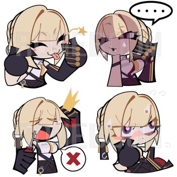 arm_strap bags_under_eyes blonde_hair chest_harness chibi chibi_only emoji evelyn_chevalier gloves half_gloves harness necktie romeboom yellow_necktie zenless_zone_zero