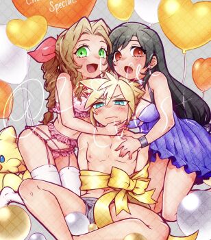 Rule 34 | 1boy, 2girls, aerith gainsborough, aqua eyes, balloon, bare shoulders, black ribbon, blonde hair, blue negligee, blush, bra, braid, braided ponytail, breasts, chocobo, cleavage, cloud strife, dress, earrings, final fantasy, final fantasy vii, final fantasy vii rebirth, final fantasy vii remake, frilled bra, frilled garter belt, frills, furrowed brow, garter belt, garter straps, green eyes, grey male underwear, hair between eyes, hair ribbon, hand on another's chest, hand on another's chin, highres, jewelry, kneeling, large breasts, long hair, low-tied long hair, male underwear, medium breasts, midriff, multiple girls, navel, open mouth, panties, parted bangs, pink bra, pink panties, pink ribbon, red eyes, ribbon, rukashio, short dress, short hair, sidelocks, single braid, single earring, smile, spiked hair, stuffed animal, stuffed toy, swept bangs, thighhighs, thighs, tifa lockhart, topless male, twitter username, underboob, underwear, watermark, wavy mouth, white thighhighs, yellow ribbon