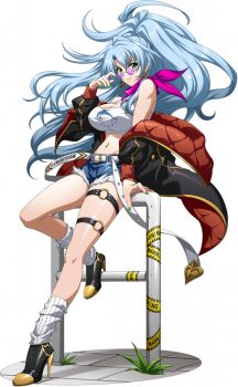 1girl adjusting_eyewear against_railing bandana bandana_around_neck bare_shoulders belt big_hair black_jacket black_shoes blue_hair breasts caution_tape cleavage closed_mouth clothes_writing cropped_shirt curtained_hair cutoffs denim denim_shorts dolphin_print earrings floating_hair full_body game_cg green_eyes green_nails hair_between_eyes hand_on_railing heart heart_earrings helena_(langrisser) high_heels high_ponytail jacket jacket_partially_removed jewelry langrisser langrisser_mobile large_breasts leaning leg_up legs long_hair looking_at_viewer looking_over_eyewear loose_belt midriff mini_eyewear nail_polish navel navel_piercing o-ring off_shoulder official_alternate_costume official_art open_clothes open_jacket piercing ponytail print_shirt purple-tinted_eyewear purple_bandana railing rimless_eyewear round_eyewear shirt shoes short_shorts shorts simple_background smile socks solo standing standing_on_one_leg sunglasses tachi-e tank_top thigh_strap third-party_source tinted_eyewear transparent_background two-sided_fabric two-sided_jacket very_long_hair white_belt white_shirt white_socks white_tank_top