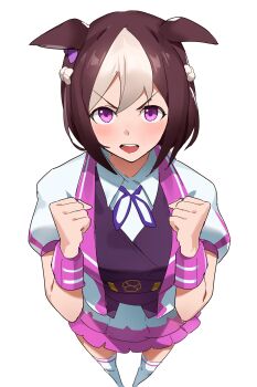 1girl absurdres animal_ears brown_hair clenched_hands highres horse_ears horse_girl jacket looking_at_viewer multicolored_hair open_mouth purple_wrist_cuffs short_hair simple_background skirt solo special_week_(special_dreamer)_(umamusume) special_week_(umamusume) streaked_hair t-lex teeth two-tone_hair umamusume upper_teeth_only v-shaped_eyebrows white_background white_hair wrist_cuffs