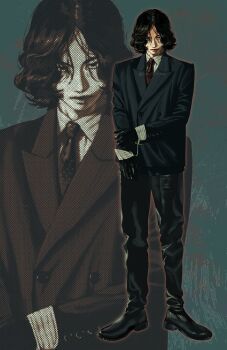 Rule 34 | 1boy, ben-day dots, black gloves, black hair, black jacket, black pants, black shoes, buttons, closed mouth, collared shirt, double-breasted, dress shoes, empty eyes, formal clothes, full body, gloves, green background, hair over eyes, hand on own wrist, highres, jacket, kurumipan, lapels, looking at viewer, male focus, necktie, notched lapels, outline, pants, parted hair, polka dot, polka dot necktie, print necktie, real life, red necktie, red outline, sanpaku, screentones, serious, shirt, shoes, short hair, solo, standing, straight-on, striped clothes, striped jacket, striped shirt, suit, suit jacket, twitter username, vertical-striped clothes, vertical-striped jacket, wavy hair, white shirt, wing collar, yonezu kenshi (person), zoom layer