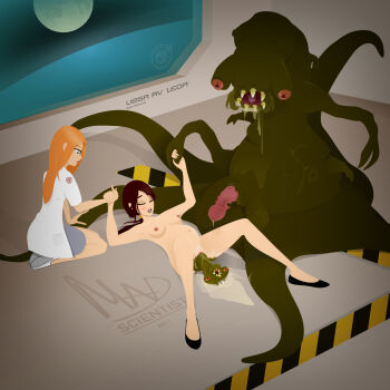 2girls alien baby black_shoes black_sky blue_eyes breasts closed_eyes clothed_female_nude_female cum cumdrip drooling giving_birth glasses grey_skirt hand_on_tentacle highres holding_hands indoors interspecies kneeling lab_coat logo madscientist medium_breasts monster moon multiple_girls nude open_mouth orange_hair original pasiphae_project pencil_skirt penis planet pregnant puddle red_hair sharp_teeth shoes signature skirt sky space spacecraft spacecraft_interior spread_legs teeth tentacles tongue vector_art water_breaking white_shoes window