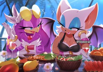 2girls animal_ears bad_id bad_twitter_id bat_ears bat_girl beak bird_girl blue_eyes blue_sky breasts cleavage eyewear_on_head food furry furry_female gloves green_eyes iiimirai looking_at_another multiple_girls rouge_the_bat rouge_the_bat_(riders) round_eyewear sky smile sonic_(series) sonic_riders sonic_riders_(series) sunglasses table upper_body wave_the_swallow white_gloves wings