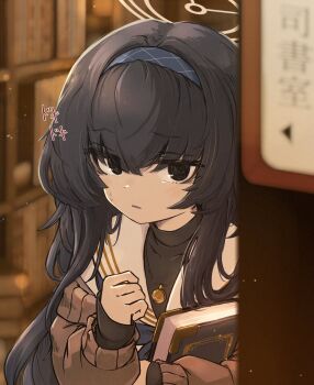 1girl black_eyes black_hair black_shirt blue_archive blush book bookshelf commentary_request expressionless eyes_visible_through_hair hairband halo highres holding holding_book long_hair long_sleeves looking_at_viewer school_uniform serafuku shirt sign sleeves_past_wrists solo sound_effects sweat sweater translation_request ui_(blue_archive) uisu_(noguchipint) upper_body
