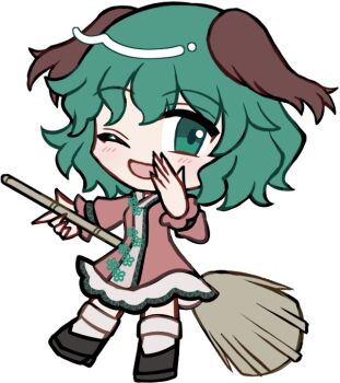 1girl :d ;d animal_ears black_shoes blush broom brown_dress chibi chibi_only dog_ears dog_girl dress full_body green_eyes green_hair hand_up holding holding_broom kasodani_kyouko long_sleeves looking_at_viewer mirei_(miirei) one_eye_closed open_mouth shoes short_hair simple_background smile socks solo standing touhou transparent_background white_socks