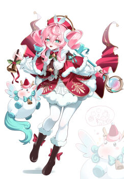 1girl absurdres aqua_eyes aqua_hair beret capelet christmas commentary creature dress drill_hair english_commentary full_body hair_between_eyes hat highres holding holding_creature holding_staff honkai:_star_rail honkai_(series) hyacine_(honkai:_star_rail) libo_(724ml) little_ica_(honkai:_star_rail) long_hair long_sleeves looking_at_viewer multicolored_hair pantyhose pink_hair puffy_long_sleeves puffy_sleeves red_capelet red_dress red_hat solo staff twin_drills two-tone_hair white_pantyhose white_sleeves yellow_pupils