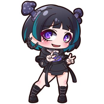 1girl :d absurdres black_boots black_hair black_hoodie black_nails blue_hair boots chibi full_body highres hood hood_down hoodie indie_virtual_youtuber kinokoma_tango long_sleeves multicolored_hair mushroom_on_head nail_polish open_mouth puffy_long_sleeves puffy_sleeves purple_eyes saishosaisekojo smile solo standing streaked_hair transparent_background two-tone_hair