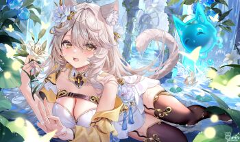 Rule 34 | 1girl, absurdres, animal ear fluff, animal ears, black shoes, breasts, chest belt, commentary, english commentary, flower, garter straps, gold trim, grey hair, hair flower, hair ornament, highres, holding, holding flower, indie virtual youtuber, isari sensei, lily pad, open mouth, rozy tales, shoes, solo, tail, tassel, teeth, thighhighs, twitter username, upper teeth only, virtual youtuber, water, white flower, yellow eyes