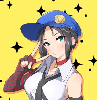 1girl absurdres armpit_crease bare_shoulders black_hair black_necktie blue_eyes blue_hat blush breasts choker collarbone collared_shirt commentary_request elbow_gloves fingerless_gloves gloves hat highres large_breasts lock looking_at_viewer loose_necktie marie_(persona_4) necktie osora_(judithandlilith) parted_lips persona persona_4 persona_4_the_golden red_choker shirt short_hair sleeveless sleeveless_shirt solo sparkle striped_clothes striped_gloves upper_body v white_shirt yellow_background
