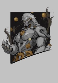 1boy absurdres artificial_eye banyue_(zenless_zone_zero) black_background border claws clothed_robot clothes_around_waist commentary commentary_request english_commentary floating_ball grey_border grey_hair highres humanoid_robot male_focus mechanical_eye mechanical_hands metal_skin mixed-language_commentary orb outside_border rattish_(rattish_ra) robot robot_boy solo twitter_username upper_body zenless_zone_zero