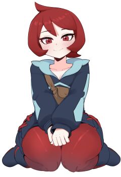 Rule 34 | 1girl, arezu (pokemon), blue hoodie, blush, breasts, brown bag, cleavage, collarbone, commentary request, cowlick, diamond clan outfit, gradient clothes, gradient legwear, gradient pantyhose, highres, hood, hoodie, jacket, korean commentary, long sleeves, looking at viewer, mago cats, nintendo, pantyhose, pantyhose under shorts, pokemon, pokemon legends: arceus, red eyes, red hair, red pantyhose, short hair, shorts, sitting, smile, thick thighs, thighs, two-tone legwear, two-tone pantyhose, wariza