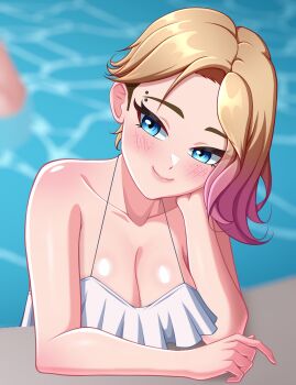 asymmetrical_hair bikini blonde_hair blue_eyes blush breasts cleavage colored_tips eyebrow_piercing face_piercing freckles frilled_bikini frills gwen_stacy highres large_breasts marvel multicolored_hair partially_submerged piercing pool shaddercrack sidecut smile spider-man_(series) spider-verse swimsuit undercut water