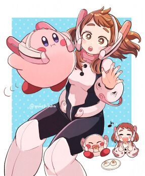 1girl black_bodysuit blush bodysuit boku_no_hero_academia breasts brown_eyes brown_hair closed_eyes closed_mouth copy_ability cosplay eating food helmet highres kirby kirby_(series) looking_at_viewer matching_hair/eyes medium_breasts medium_hair mmsk_mha multicolored_bodysuit nintendo open_mouth pink_bodysuit sidelocks smile steamed_bun superhero_costume teeth upper_teeth_only uraraka_ochako uraraka_ochako_(cosplay) uraraka_ochako_(hero_outfit) white_bodysuit