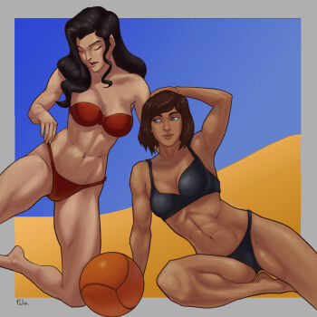 2girls abs absurdres adjusting_clothes arm_behind_head asami_sato avatar_legends bare_arms bare_legs bikini black_bikini black_hair breasts cleavage closed_eyes dark-skinned_female dark_skin highres korra lewdpala long_hair looking_to_the_side multiple_girls red_bikini swimsuit the_legend_of_korra